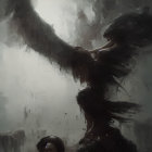 Three individuals with dark wings in emotional scene.