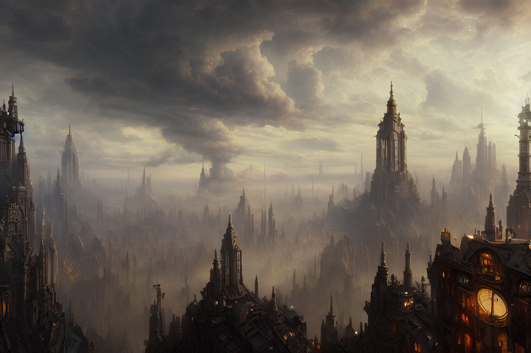 Gothic cityscape at dusk with towering spires
