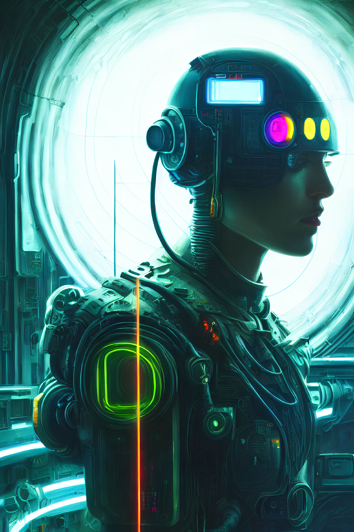 Futuristic humanoid robot digital artwork with detailed helmet and illuminated visor