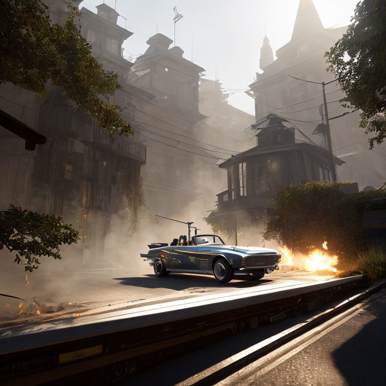 Vintage Car on Misty Street with Fire and Traditional Buildings in Urban Scene