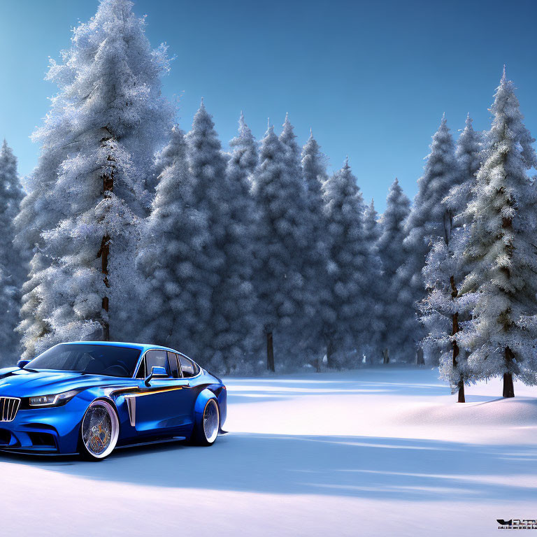 Blue sports car in snowy landscape with frosted evergreen trees under clear sky