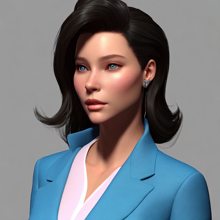 Detailed 3D illustration of woman in blue blazer with black hair