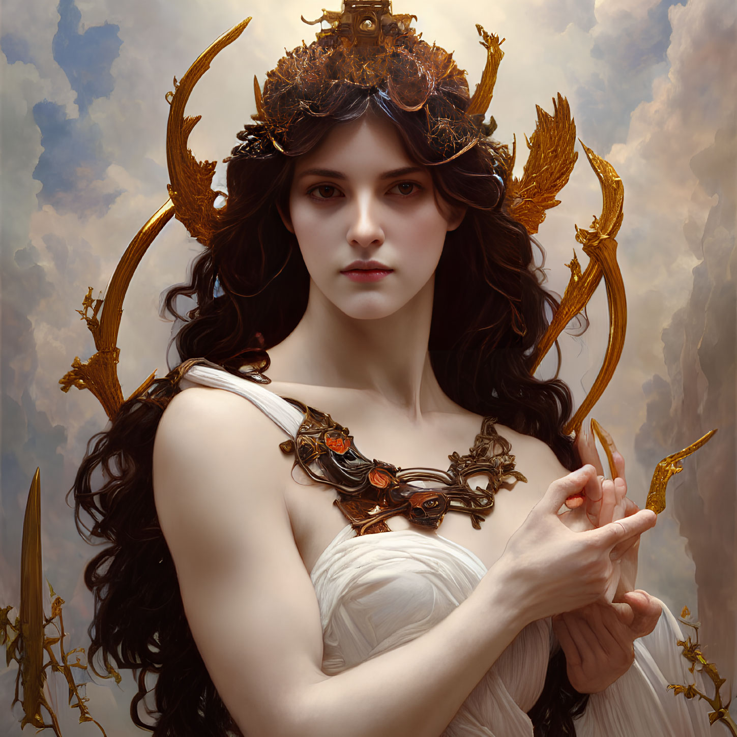 Ethereal woman in white gown with gold antler crown