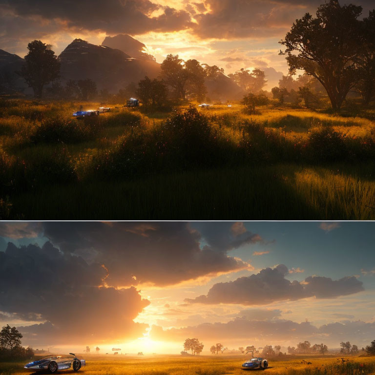 Contrasting rural sunset scenes: police vehicles in distance vs classic car in foreground