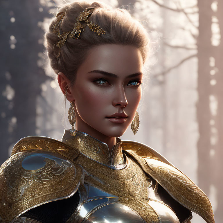 Blonde-haired woman in detailed armor against forest backdrop