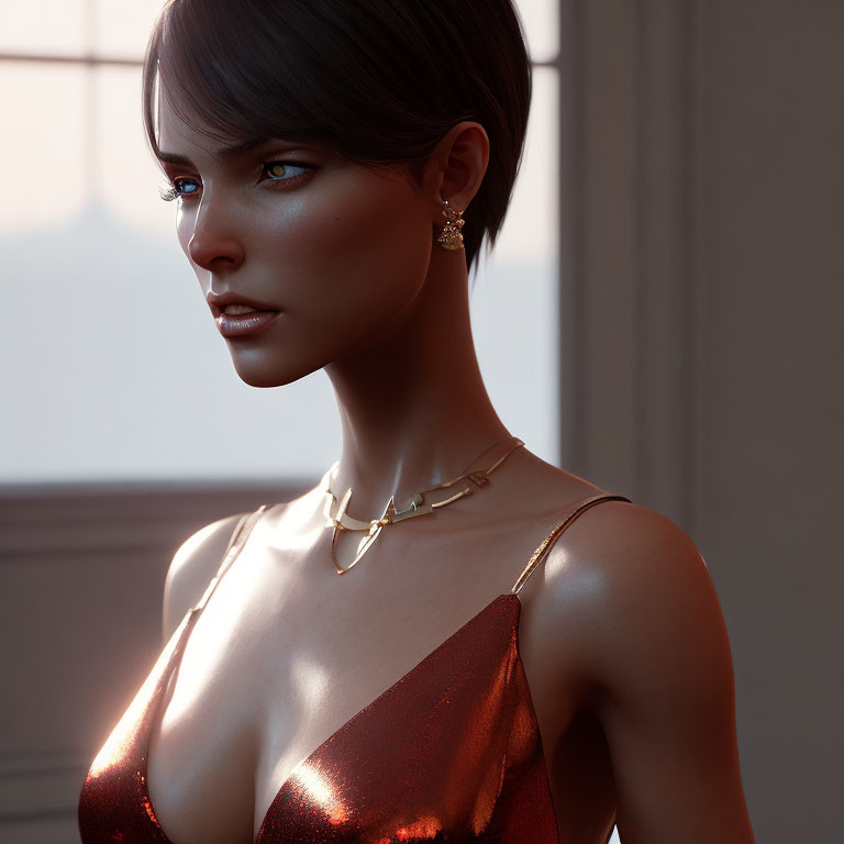 3D Rendered Woman in Red Dress with Short Haircut and Earrings