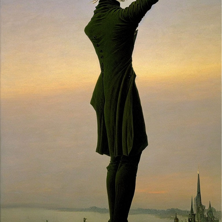 Person in Green Coat Balancing on One Leg at Dusk