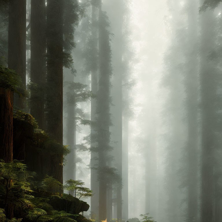 Enchanting misty forest with tall trees and sunlight rays