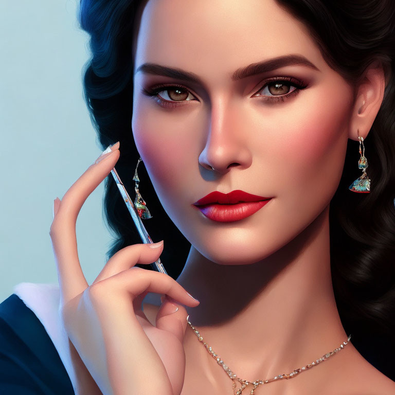 Digital artwork featuring a woman with green eyes, red lips, and elegant earrings holding an object.