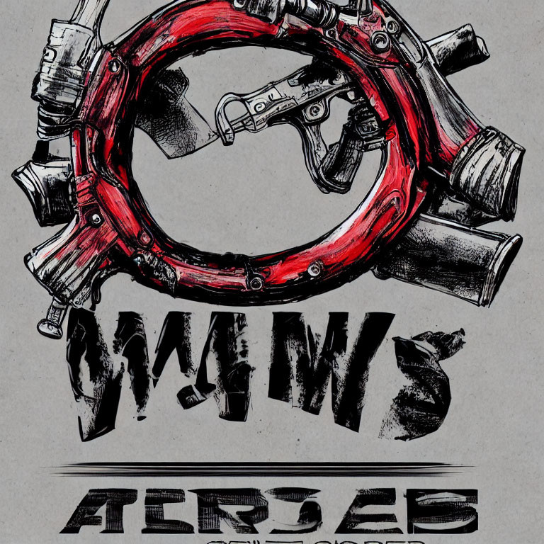 Red Valve Wheel Surrounding Two Handguns and Stylized Text Design