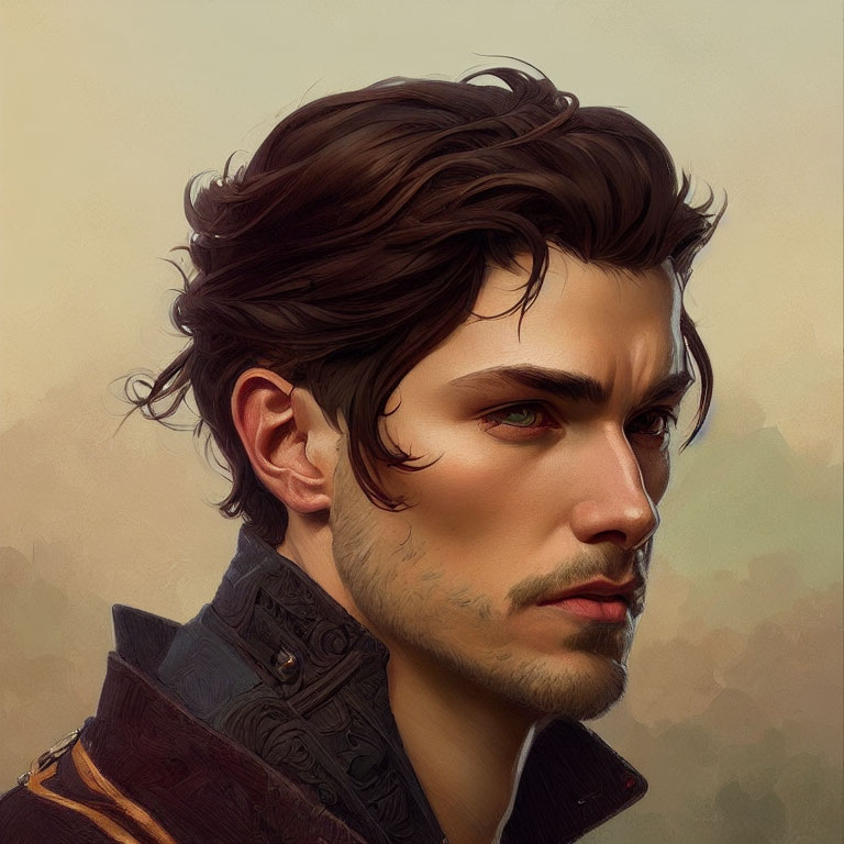 Detailed digital portrait of a man with dark hair and intense eyes in high-collared coat