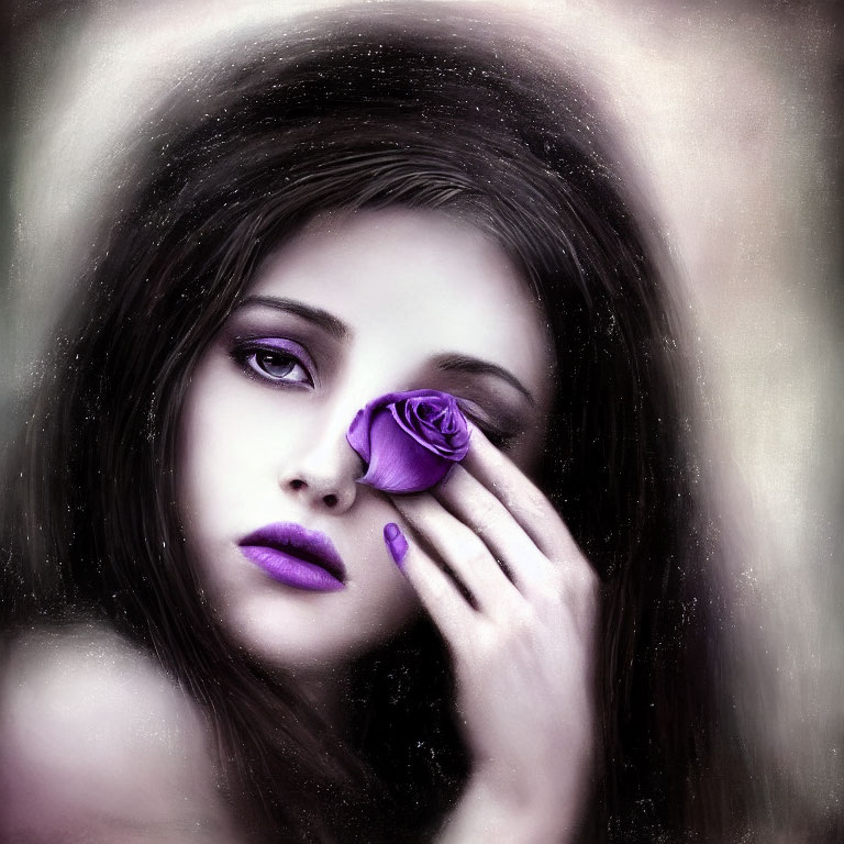 Portrait of woman with purple lipstick holding rose over eye in dark halo