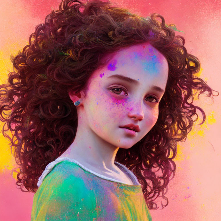 Colorful digital portrait of young girl with curly hair and paint splotches on pink background