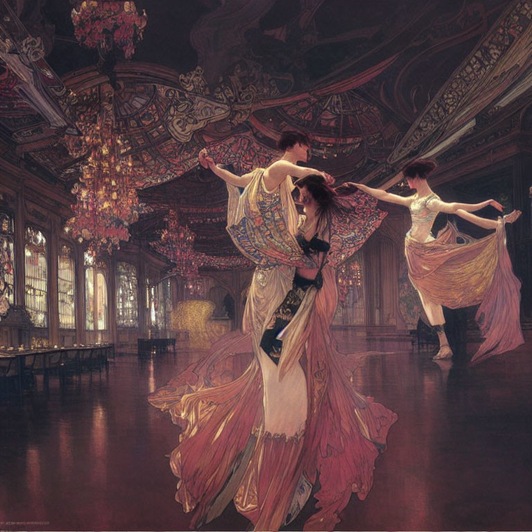 Elegant women dancing in ornate ballroom with chandeliers
