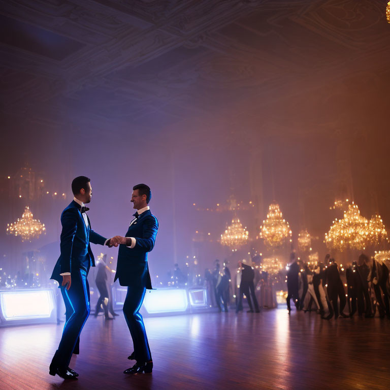 Men in suits dancing in grand ballroom with chandeliers