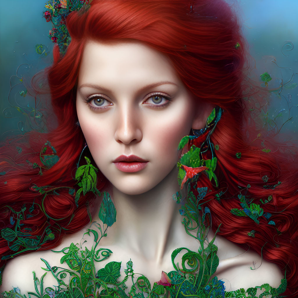 Digital portrait: Woman with vibrant red hair and green foliage intertwining, creating a mystical and serene look