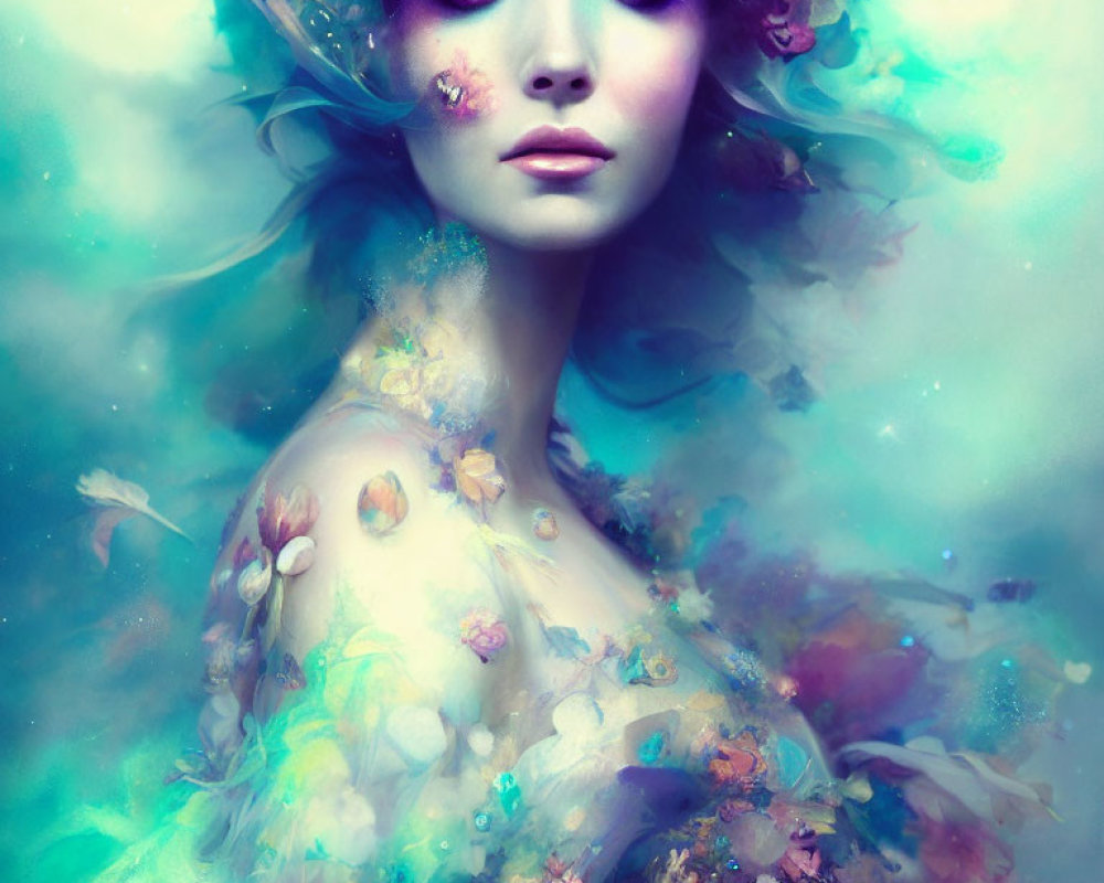 Vibrant pastel-hued flowers blend into ethereal female figure