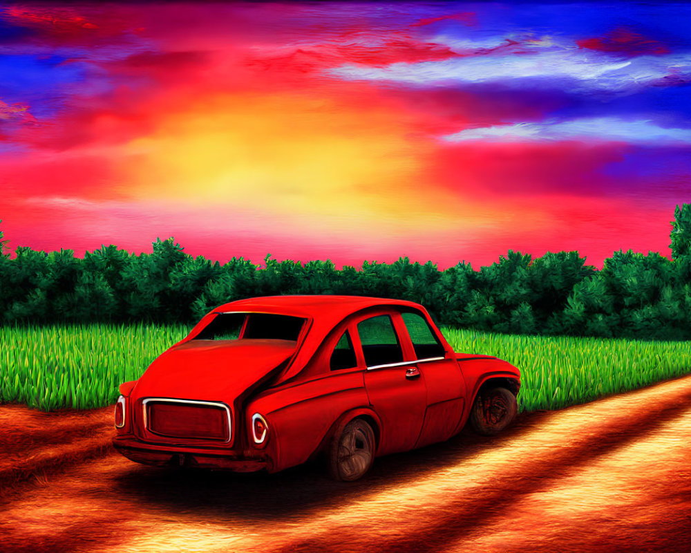 Illustration of red vintage car by dirt road at sunset