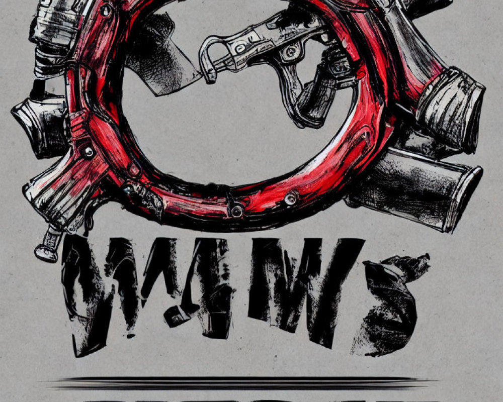 Red Valve Wheel Surrounding Two Handguns and Stylized Text Design