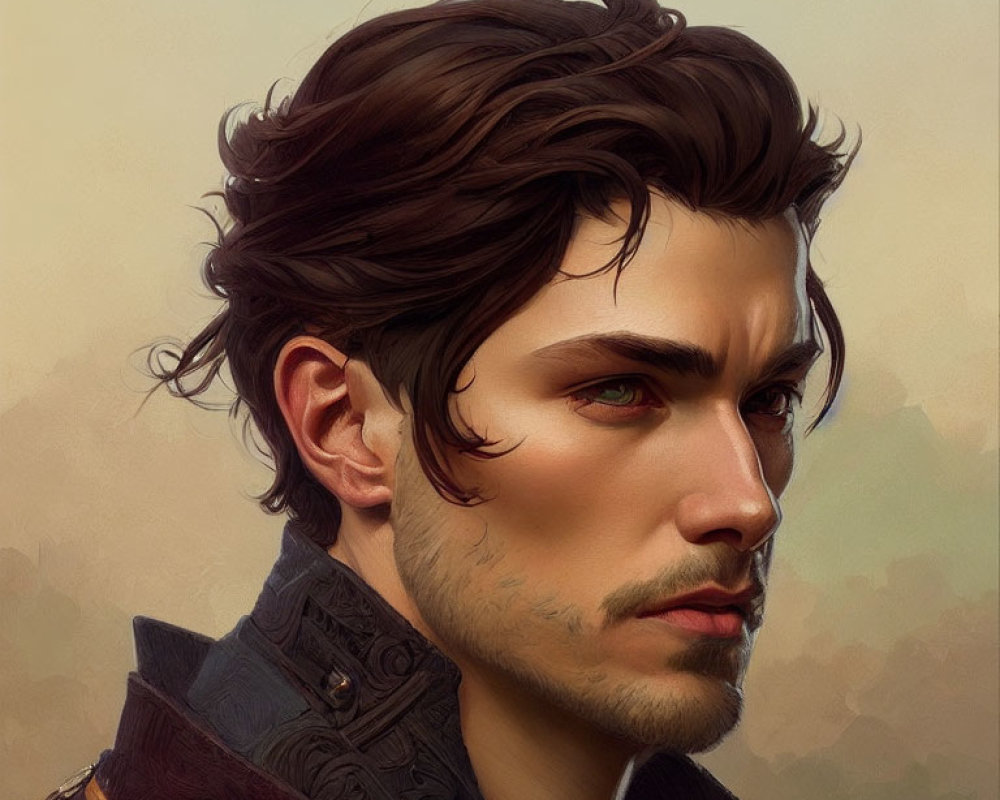 Detailed digital portrait of a man with dark hair and intense eyes in high-collared coat
