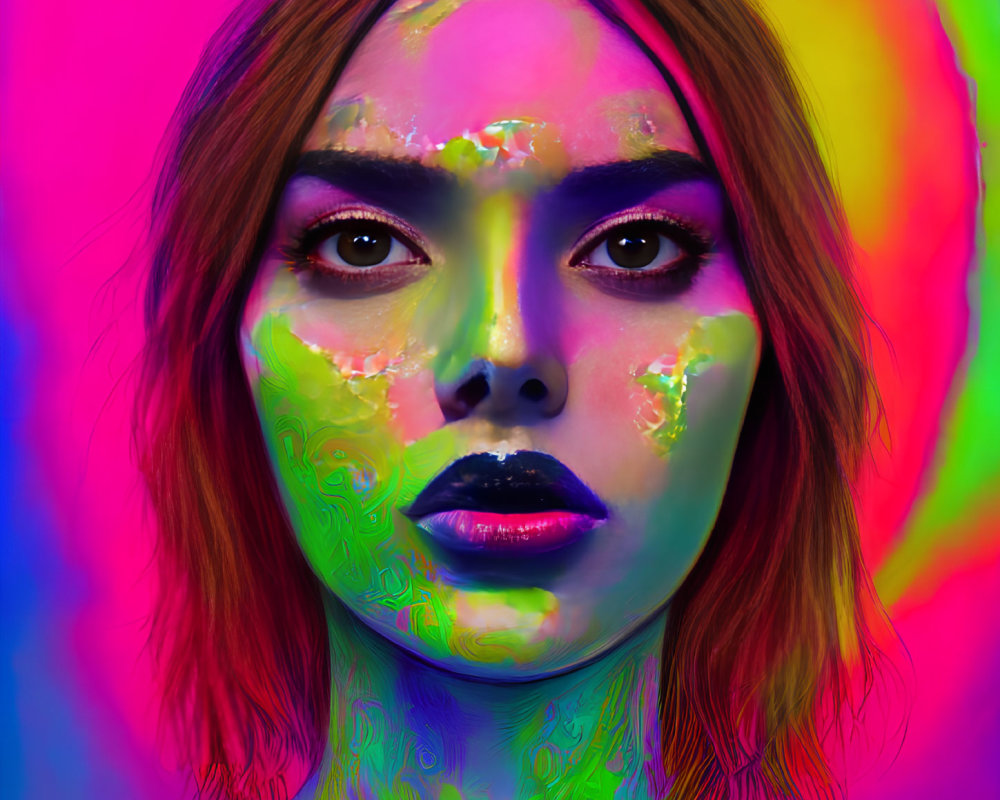 Vibrant neon makeup on woman against psychedelic backdrop
