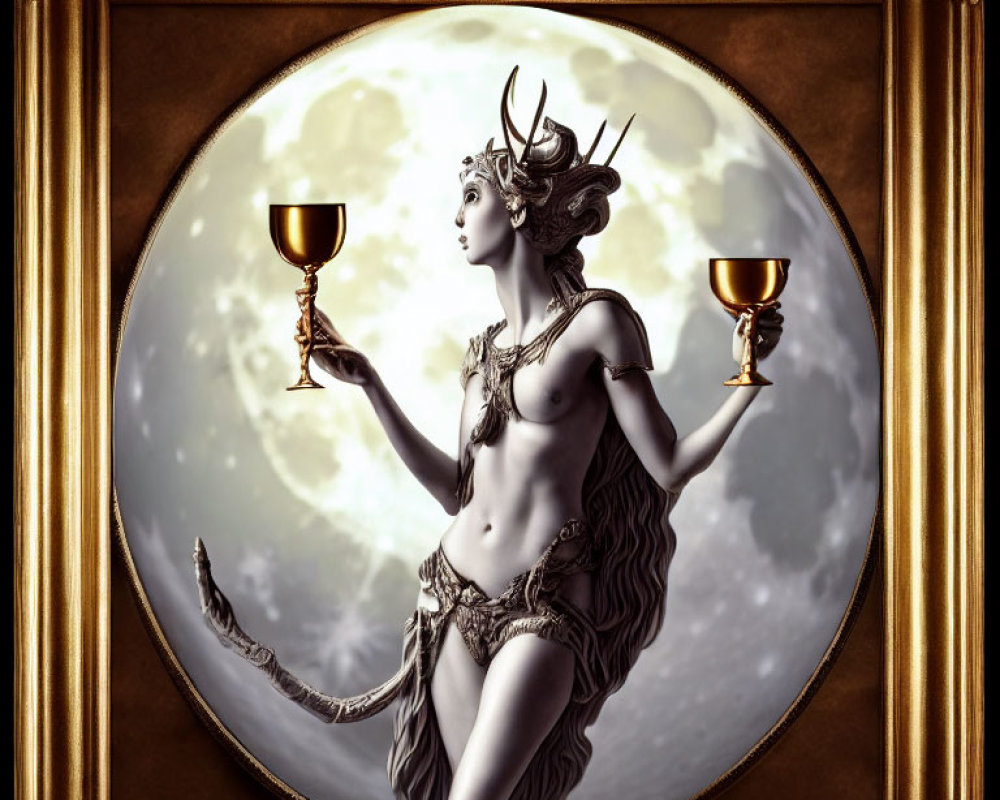 Ornate gold frame with mythical female creature holding chalices against moonlit sky