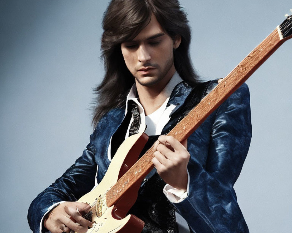 Man Playing Electric Guitar in Stylish Blue Velvet Jacket