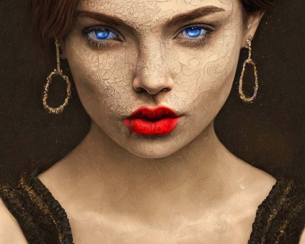 Digital artwork: Woman with blue eyes, cracked skin, red lips, earrings on dark background