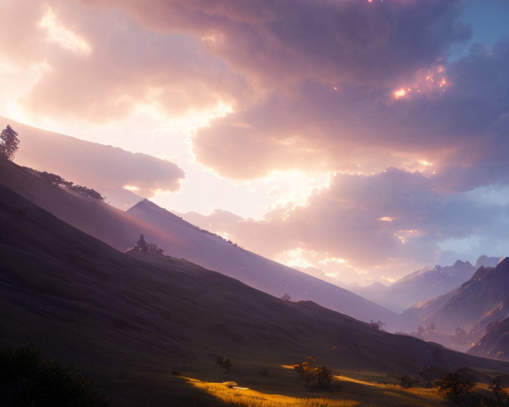 Dramatic sunset over hilly landscape with sunlight rays and clouds