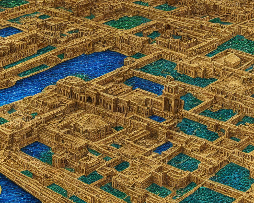 Intricate 3D labyrinth with golden walls and blue pools