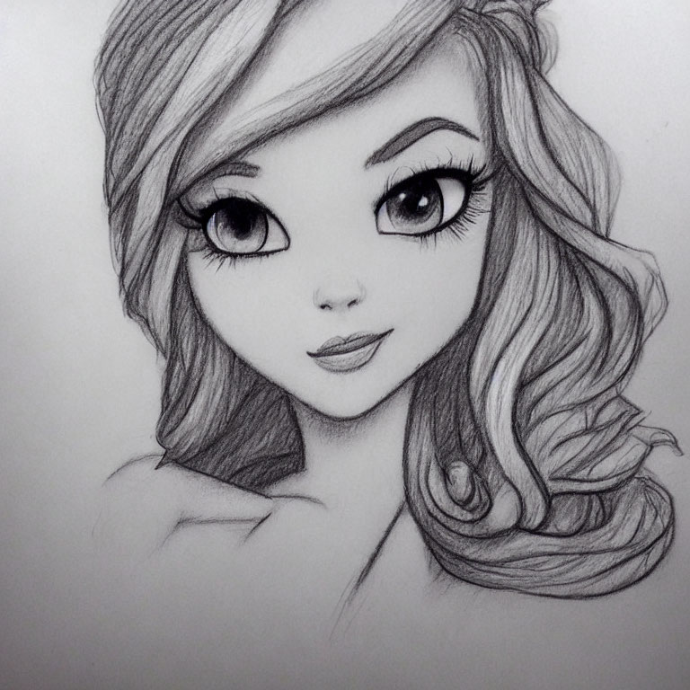 Stylized pencil sketch of a girl with expressive eyes and wavy hair