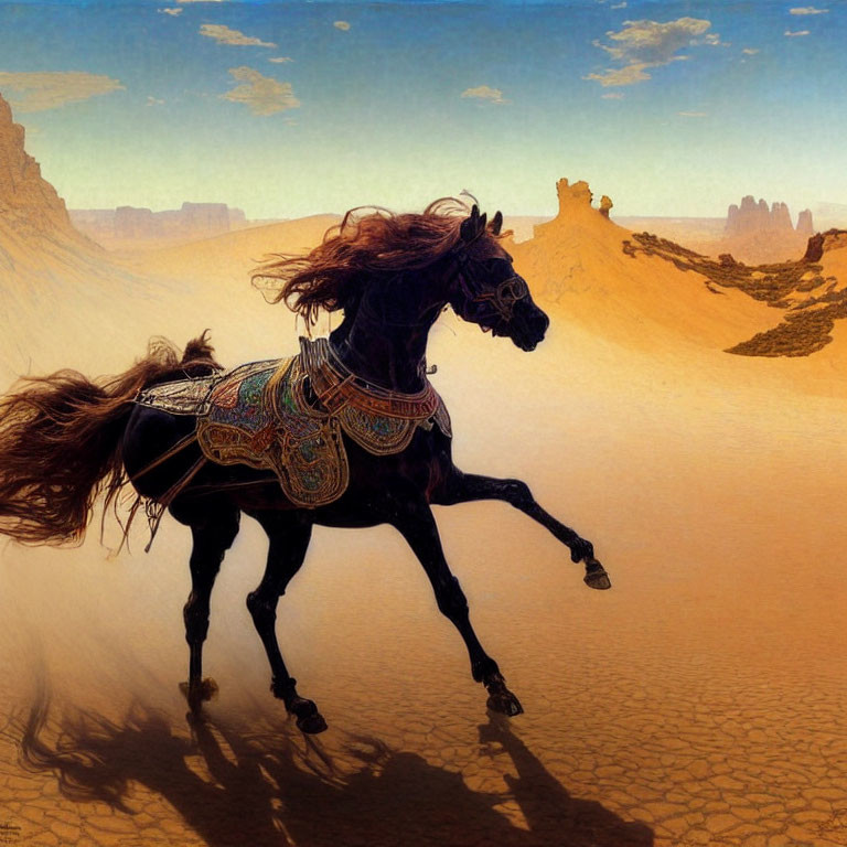 Majestic black horse galloping in desert landscape