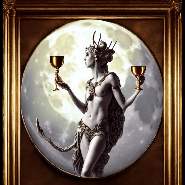 Ornate gold frame with mythical female creature holding chalices against moonlit sky