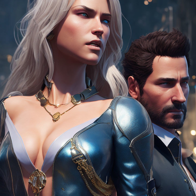 Futuristic digital artwork of woman with white hair and blue eyes next to man with beard in city