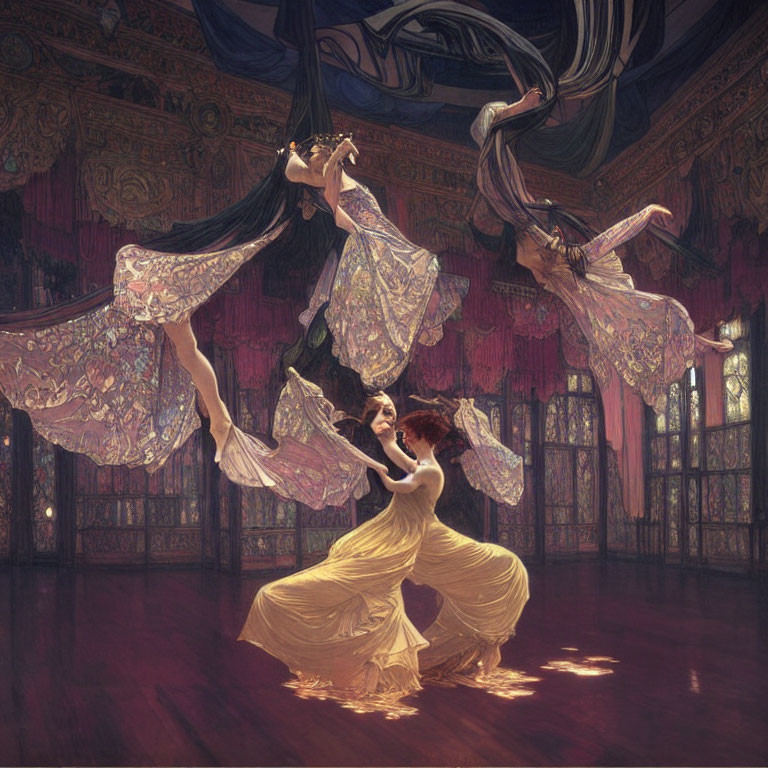 Graceful dancers in flowing dresses move in ornate hall with stained glass windows