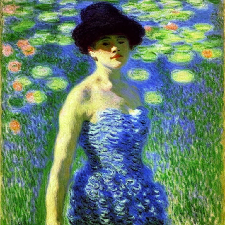 Woman in Blue Dress and Hat Standing in Green Field with Pink Flowers, Impressionist Painting