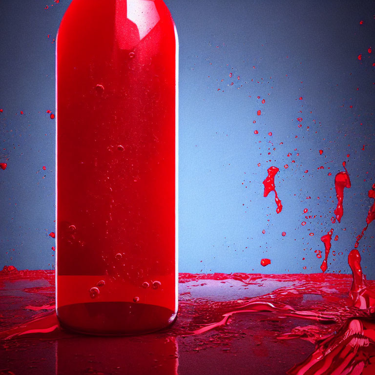 Bright red liquid splashes around upright bottle on blue surface