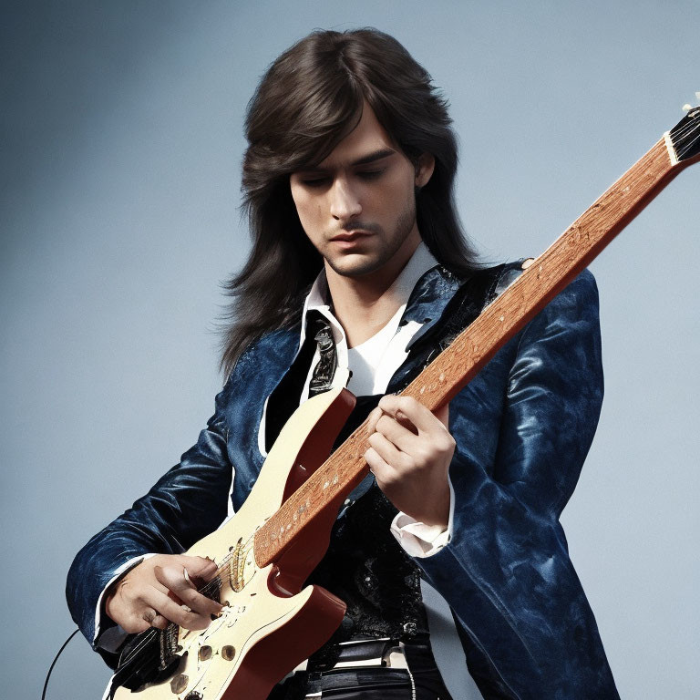 Man Playing Electric Guitar in Stylish Blue Velvet Jacket