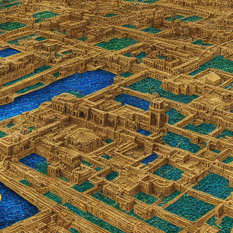 Intricate 3D labyrinth with golden walls and blue pools