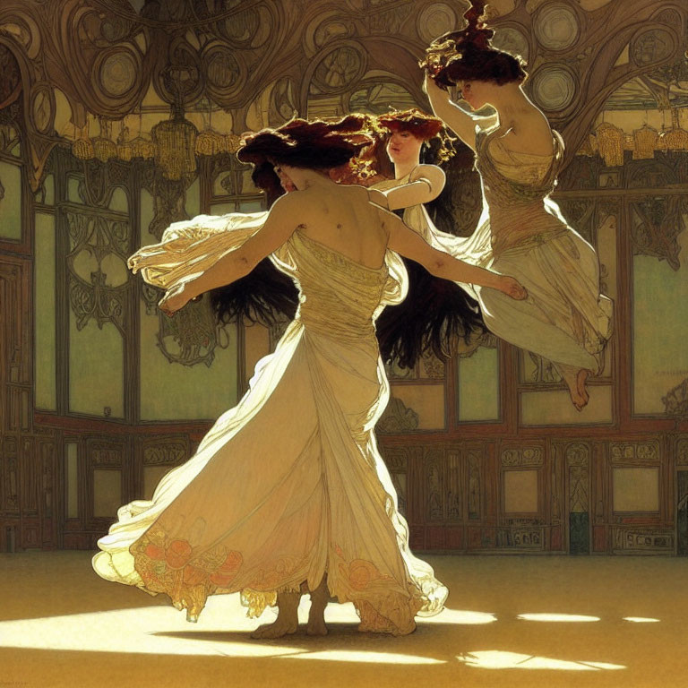 Two women elegantly dancing in Art Nouveau room