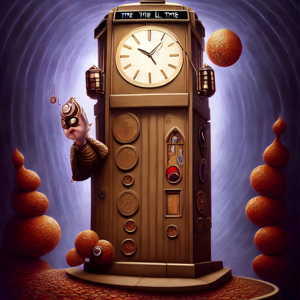 Surreal clock-faced door with eye-adorned orbs and monocle figure