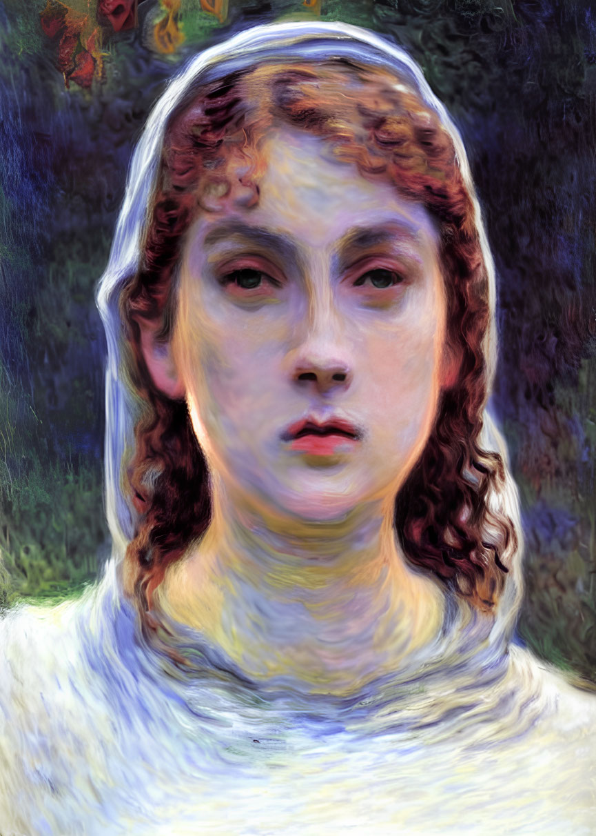 Impressionist painting of woman with curly hair and white headscarf