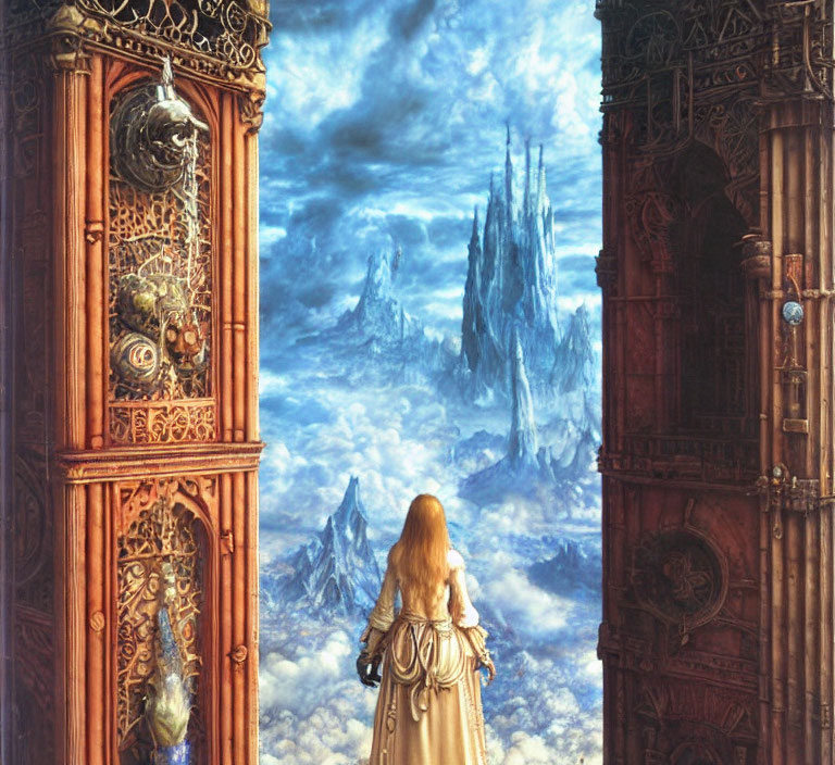 Long-haired person between ornate doors views mystical mountain landscape