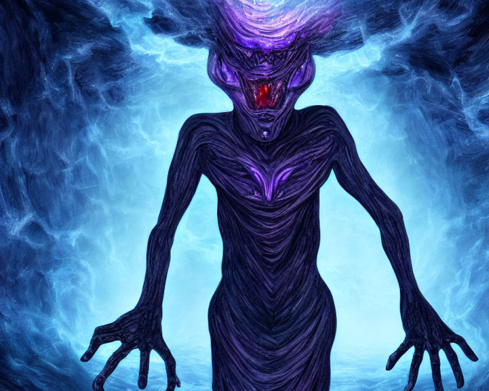 Sinister alien creature with glowing red eyes and purple energy source in cosmic setting