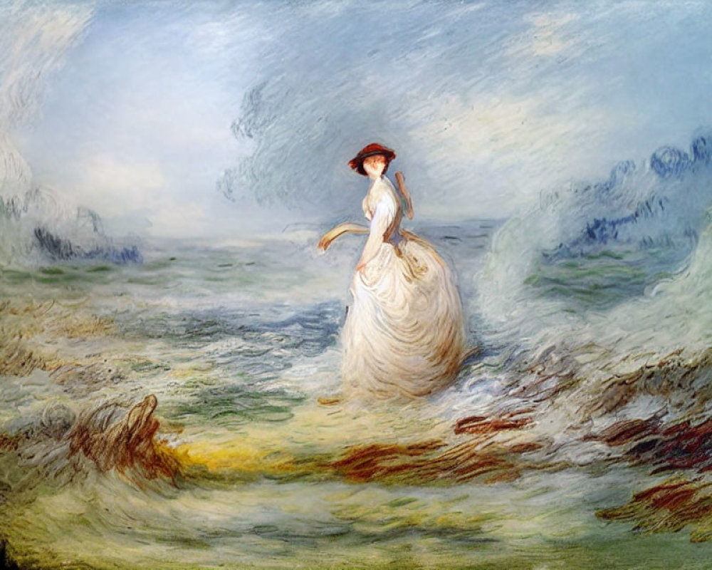 Woman in white dress standing on shore with dramatic skies and wind-blown hair