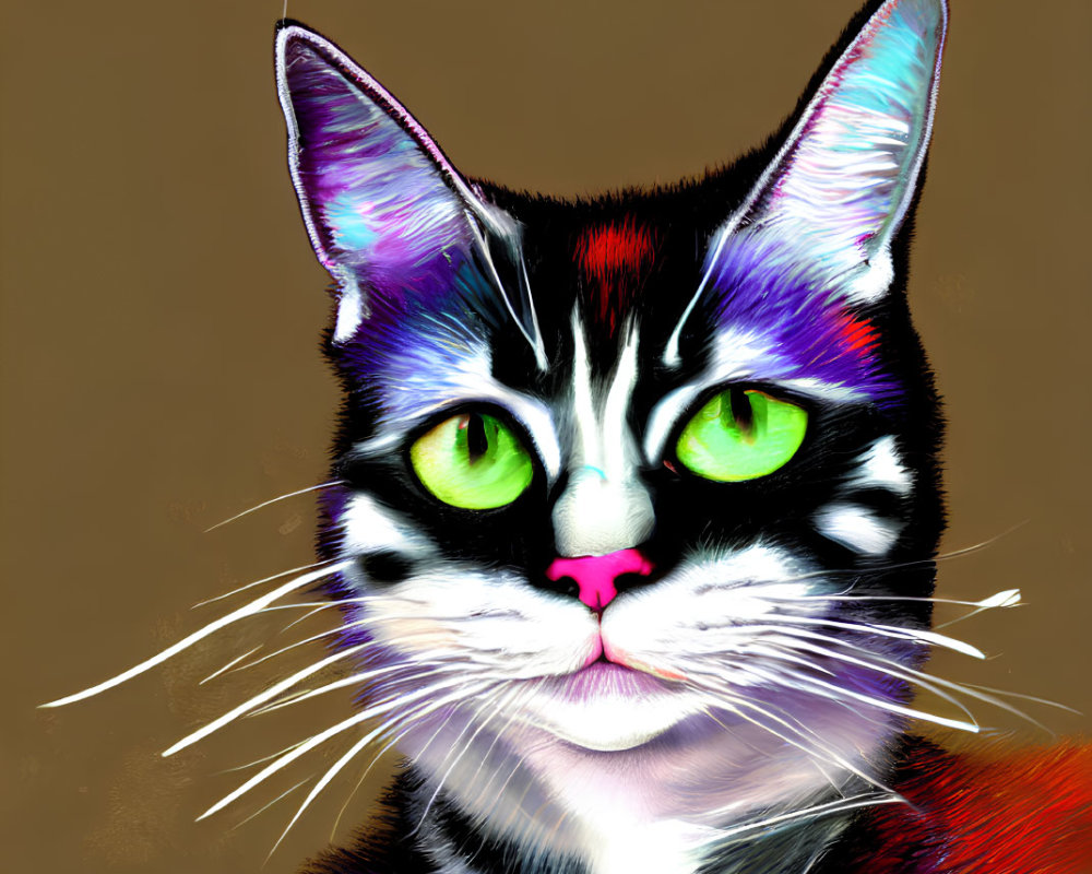 Vibrant multicolored cat with green eyes on tan background