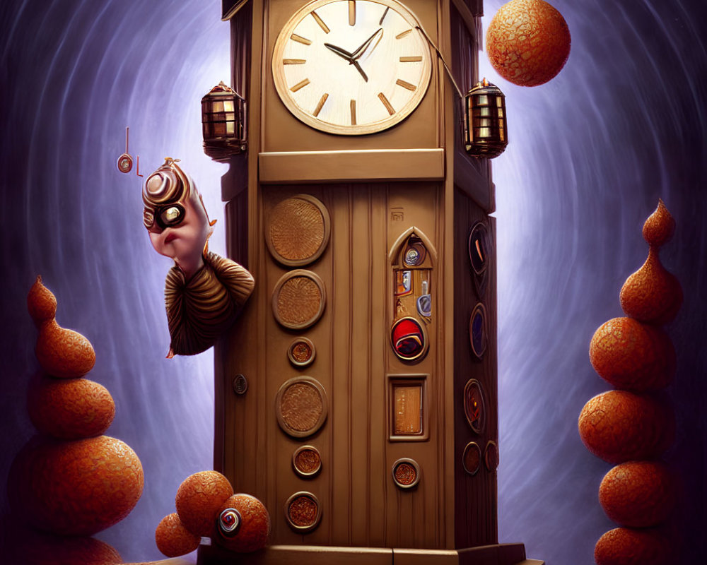 Surreal clock-faced door with eye-adorned orbs and monocle figure