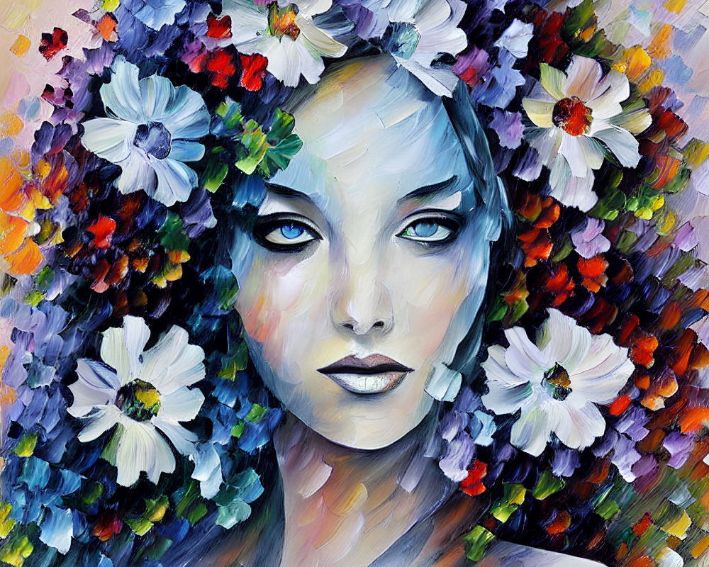 Vibrant painting of a woman with blue eyes and floral crown