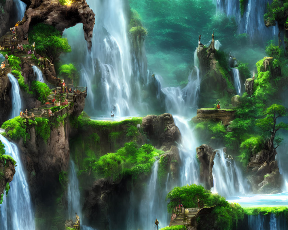 Fantasy landscape with waterfalls, cliffs, bridges, and tiny figures