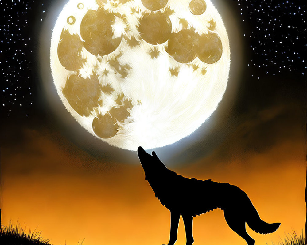 Wolf howling under full moon in night sky with stars and golden grass